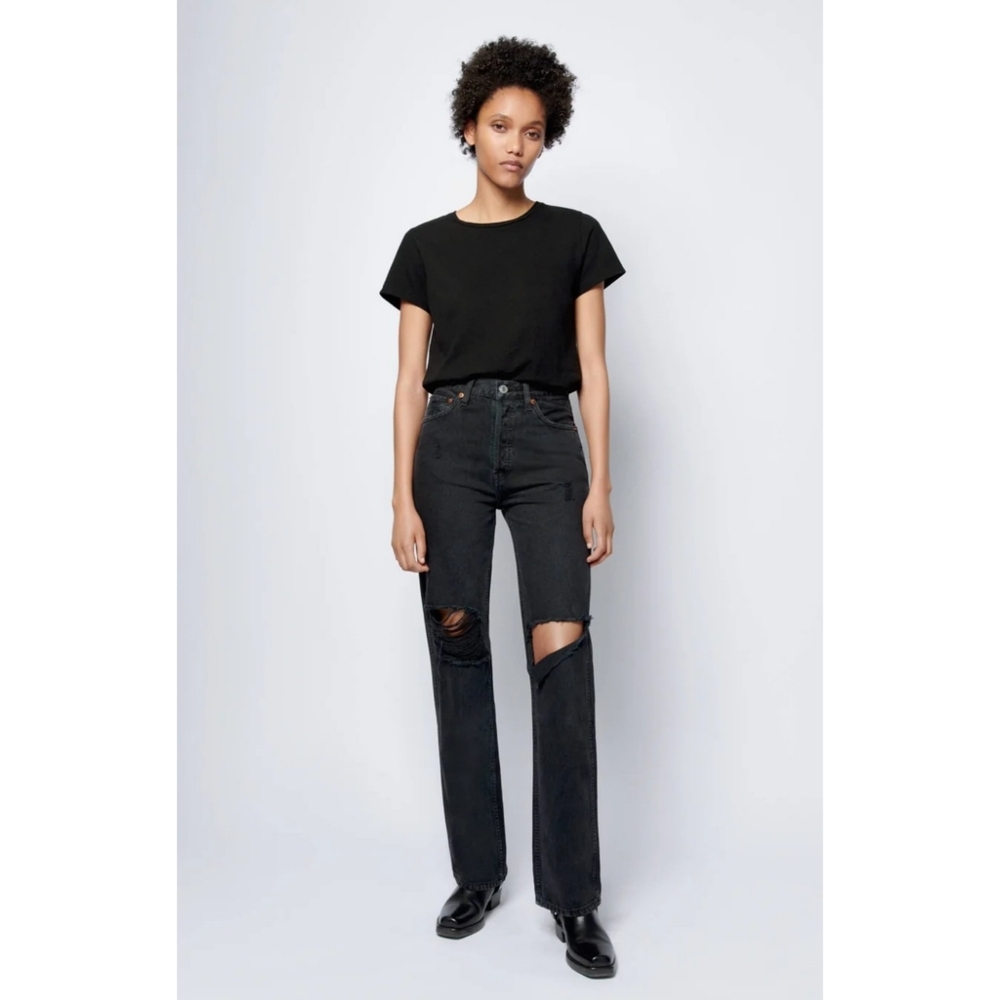 RE/DONE | 90s High Rise Loose Jeans In Washed Black with Rips Size 29